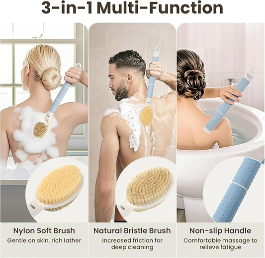 New Upgrade Back Scrubber for Shower, Adjustable 15.7'' to 24'' Long Handle Shower Brush for Body Yintuzi Double Sided Back Shower Scrubber Exfoliation and Massage Suitable for Wet or Dry Brushing