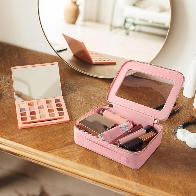 Aveniee Clear Makeup Bag Organizer, Portable Travel Toiletry Cosmetic Bag Case for Women, Heavy Duty Vegan Leather Make Up Pouch Car Bag for Essentials 2pcs(Middle & Large) - Pink