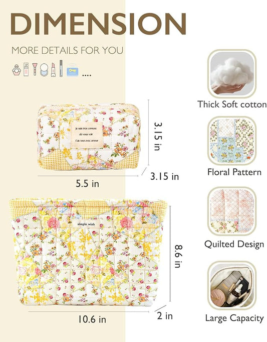 2 Pieces Floral Makeup Bag, Cute Travel Quilted Pouch Cosmetic Bag Organizer, Small Cotton Coquette Aesthetic Purse Toiletry Bag for Women Girls accessories (Beige Flower-2PCS)