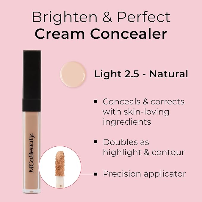 MCoBeauty Brighten & Perfect Cream Concealer, 2 Light Natural, Brightening Coverage for Flawless Complexion, Vegan, Cruelty Free Cosmetics