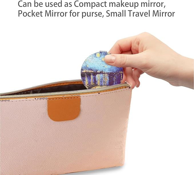 Pocket Mirror, 2 Pcs Round 2.8” PU OilPainting Style Double Sided 1X/3X Purse Compact Mirrors (OP01OP02)
