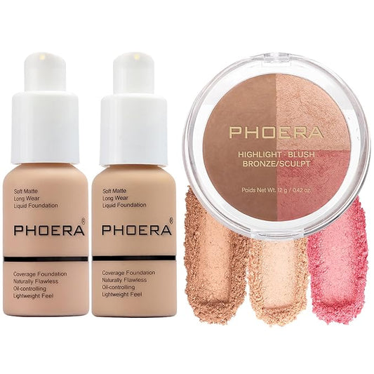 PHOERA Foundation, PHOERA Contour Palette,Shades with Highlighter & Bronzer & Blush,PHOERA Makeup Long Lasting Wrinkles Matte Natural Finish (103+104+ #002 Contour/Warm peach+Buff Beige+#002)
