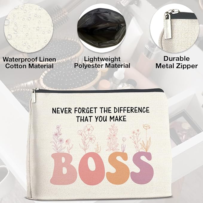 Makeup Bag - Thank You Gifts for Boss Lady, Appreciation Gift for Female Boss - Never Forget the Difference She Makes - Cosmetic Bag with Zipper Makeup Pouch