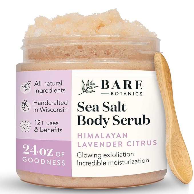 Bare Botanics Lavender Citrus Body Scrub 24oz | Made in Madison, WI | All Natural Himalayan Salt Exfoliator Skin Loving Moisturizers | Vegan & Cruelty Free | Gift Ready Packaging w/a Cute Wooden Spoon