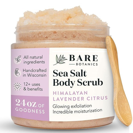 Bare Botanics Lavender Citrus Body Scrub 24oz | Made in Madison, WI | All Natural Himalayan Salt Exfoliator Skin Loving Moisturizers | Vegan & Cruelty Free | Gift Ready Packaging w/a Cute Wooden Spoon