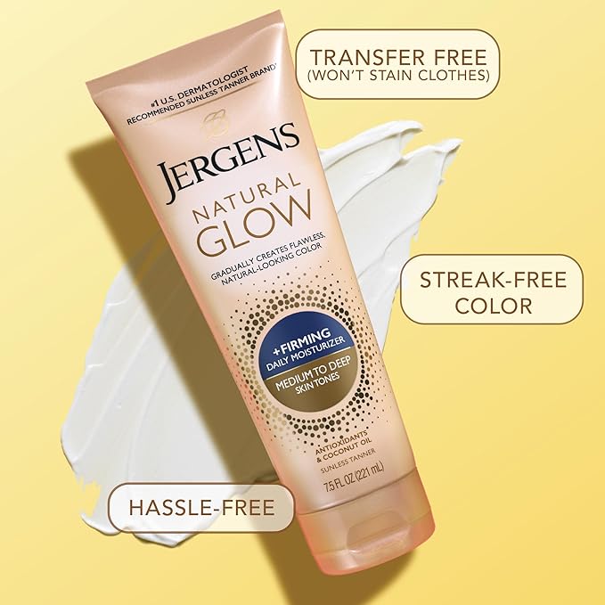 Jergens Natural Glow +Firming Self Tanner Body Lotion, Medium to Deep Skin Tone, Sunless Tanning Moisturizer with Collagen and Elastin, Helps to Visibly Reduce Cellulite, 7.5 Oz, Pack of 2