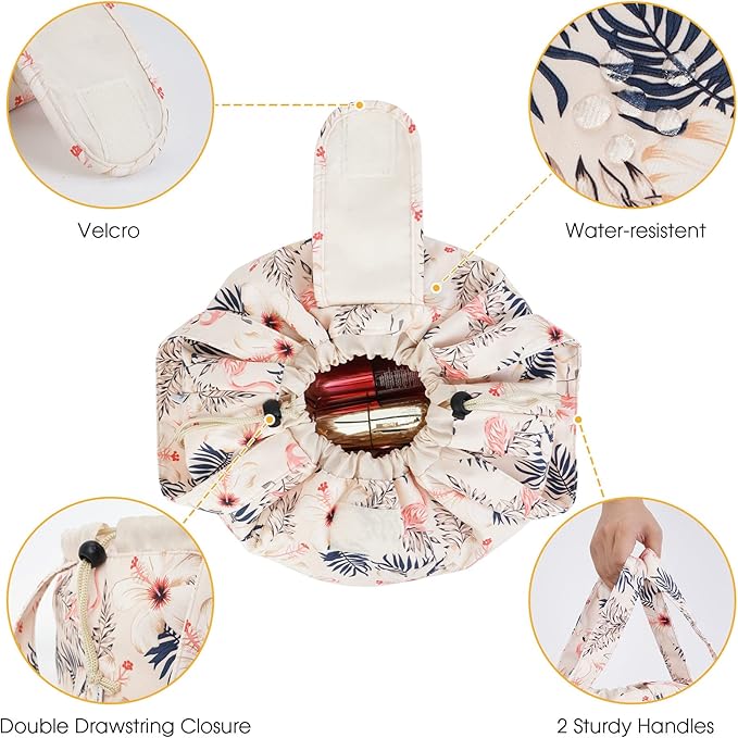 Barrel Drawstring Makeup Bag Large Floral Cosmetic Bag Make up Bags Toiletry Organizer for Women and Girls (Beige Flamingo) (Patent)