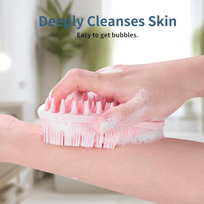 2-in-1 Silicone Body Brush with Detachable Long Handle, Double-Sided Back Scrubber for Bath with Hook, Rich Foam for Deep Cleansing and Exfoliating (Pink/Tip)