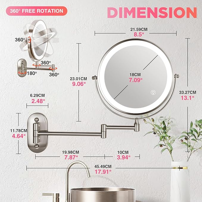 20X Magnifying Mirror with Light: 8.5 inch Lighted Makeup Mirror with 3 Colors, 360° Rotation Touch Screen Rechargeable Light up Mirror, Double Sided LED Vanity Mirror, Brushed Nickel
