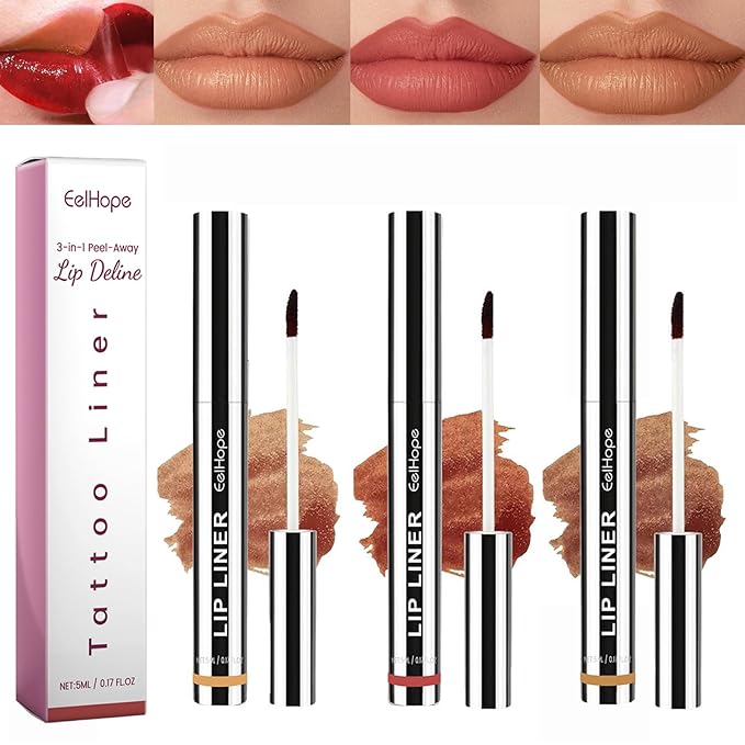 3PCS Lip Liner，Peel Off Lip Liner Tattoo, Peel Off Lip Stain, Long Lasting Lip Stain Peel Off, Infused with Hyaluronic Acid & Vitamin E, Makeup Gift for Women (red, 3)