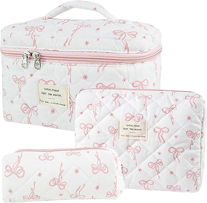 3 Pcs Quilted Makeup Bag Set,Coquette Bow Make Up Bag,Cute Floral Makeup Bags Large Toiletry Cosmetic Bag Organizer for Women Girls (O-3PCS)