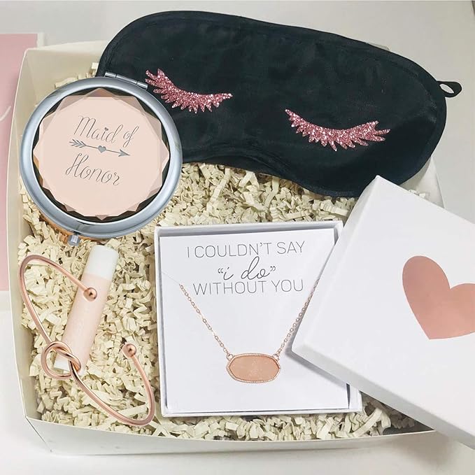 Maid of Honor Champagne Compact Pocket Makeup Mirror with Rose Gold Knot Bracelet and Gift Box for Wedding Proposal Gift