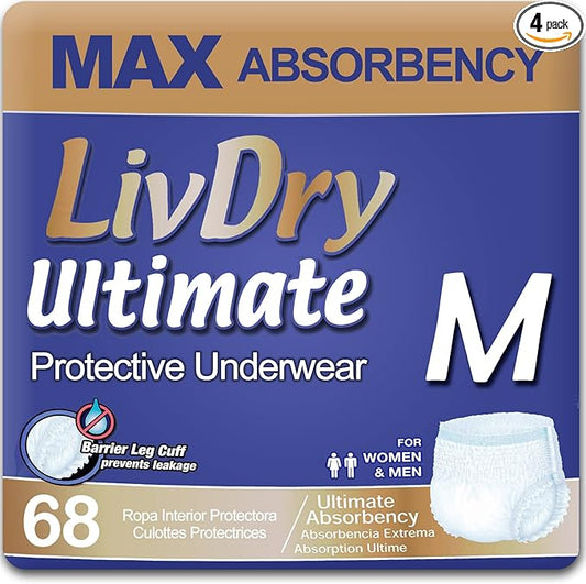 LivDry Ultimate Adult Incontinence Underwear, Max Absorbent Adult Diapers with Leak Protection, Medium, 68-Pack