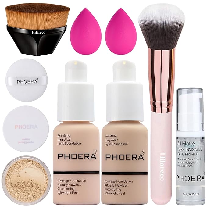 PHOERA Full Coverage Foundation and Primer Set - Powder, Kabuki Makeup Brushes, Foundation Brush, 2 Pcs Makeup Sponge (101 Porcelain+102 Nude)