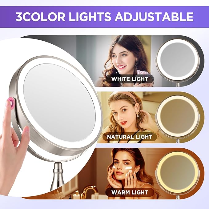 20x Magnifying Mirror with Light, Lighted Makeup Mirror with 3 Color Modes and Adjustable Brightness, Side Charging Port & SideTouch Sensor, 360° Rotation Double Sided Standing Mirror-Brushed Nickel