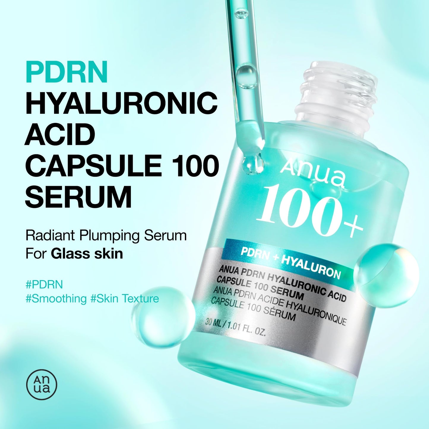 Anua PDRN Hyaluronic Acid Capsule 100 Serum, Radiant Face Serum, Hyaluronic Acid, Hydration, Moisture Plumping effect, Natural color, Fragrance free, Korean Skincare, 30ml / 1.01 fl. oz
