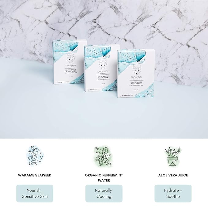 Snow Fox Skincare - Arctic Breeze Rescue Mask - Peppermint Oil, Aloe Vera, Seaweed Extract | Hydrating, Soothing Skin Redness & Irritation | Post-Sun Recovery | Premium Organic Cotton - 5 Pack