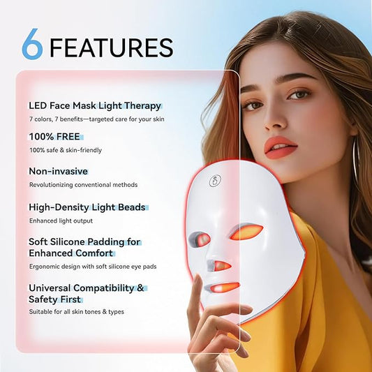 LED Face Mask Light Therapy – 7-in-1 Colors Facial Skin Care Mask for At-Home Use, Portable, Cordless & USB Rechargeable (White)