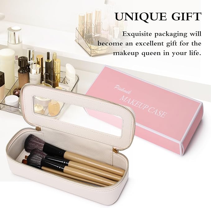 Makeup Brush Case Clear Travel Cosmetic & Toiletry Bag Small Makeup Bag with Zipper Purse Organizer Car Essential Bag for Women (Beige, SLIM)