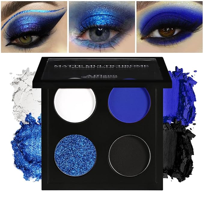 Afflano Multichrome Vibrant Blue Eyeshadow Palette, 4-Color Highly Pigmented Long-Lasting Blue Eyeshadow Makeup, Blendable Duochrome Shimmer Matte Shades for Natural & Smoky Eye Looks Travel-Size