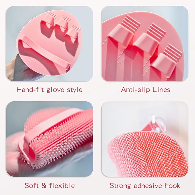 Manmihealth Silicone Back Scrubber & Soft Bath Glove Set 4 PCS(Thick Bristles), Super-Exfoliating Body Scrubber & Super-Lathering Shower Brush Combination, with 2 Free Hooks (Pink)