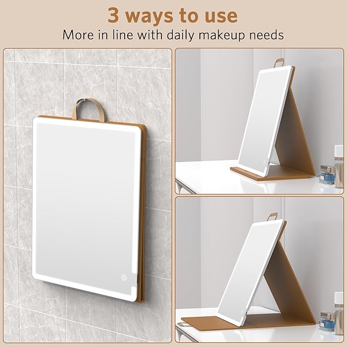 WEILY Portable Makeup Mirror with Lights, Touchable Three Colors Dimmable Lighted Makeup Mirror, 2000 mAh Type-C Rechargeable Vanity Mirror, Portable Hollywood Hanging Detachable Mirror (Khaki)