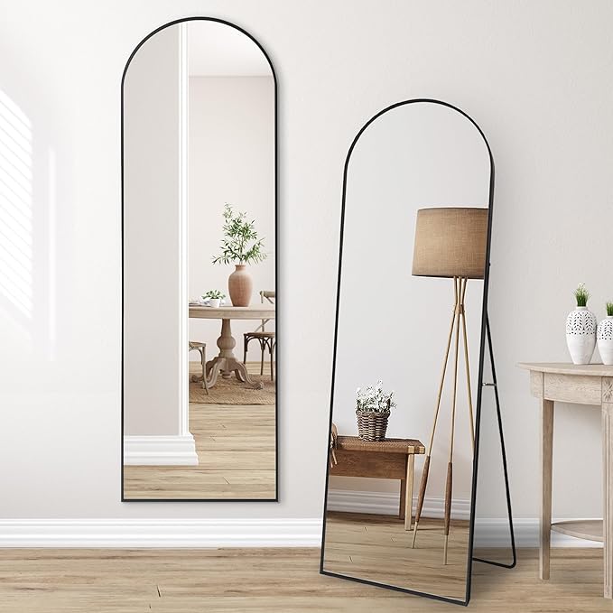 Americanflat 18x58 Arched Mirror with Stand- Large Hanging Mirrors with Aluminum Frame - Modern Mirror for Bathroom, Bedroom, Living Room - Mirrors for Wall Display and Home Decor - Black