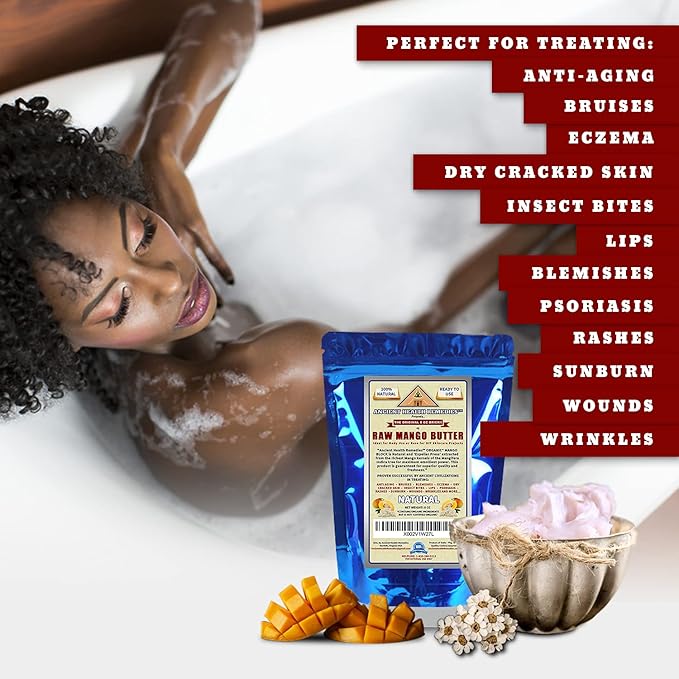 ANCIENT HEALTH REMEDIES Organic Unrefined Raw MANGO BUTTER JAR/BLOCKS Bulk, Light Mango Aroma, Non-Greasy Base for Beauty, Skin Moisturizing, DIY Base for Body Butter & Hand Creams (8OZ)