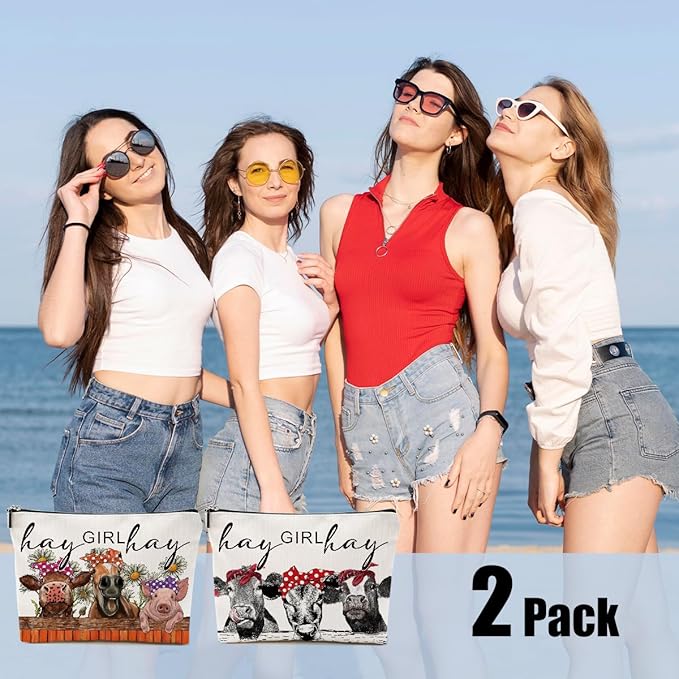 2pcs Funny Farm Animals Cow Stuff Western Makeup Bag, Farm Animals Cosmetic Bag Cow Gifts for Women Female Girls Sister BFF, Christmas Birthday Gift, Western Stuff Travel Toiletry Bags