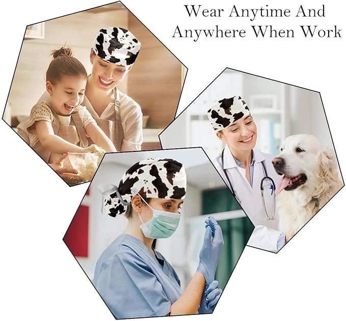 2 PCS Bouffant Cap with Button Ponytail Pouch Working Cap Sweatband Adjustable Surgical Cap Black and White Cow