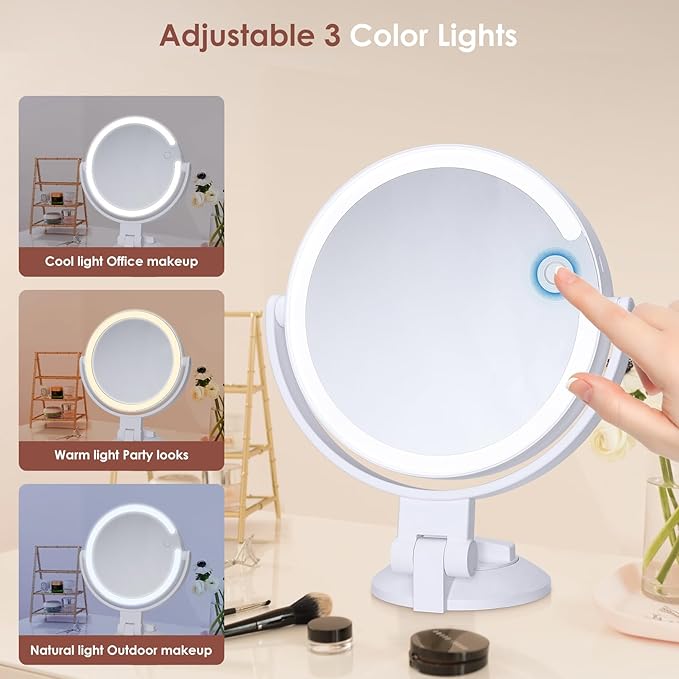 1X 10X Magnifying Mirror with Lights, Rechargeable 2 Sided Lighted Magnification Makeup Mirror, 3 Color Settings Desk Vanity Mirror, 360° Swivel Locking Suction Mount Bathroom Shaving Mirror