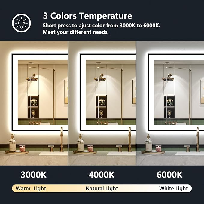 36x36 Inch LED Bathroom Mirror with Lights (Front Lit and Backlit) Black Framed Lighted Vanity Mirror for Bathroom Wall Dimmable Anti-Fog Memory Tempered Glass Horizontal/Vertical