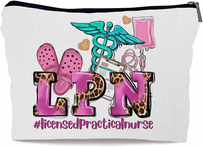 Ayxvt LPN Licensed Practical Nurse Corduroy Cosmetic Bag,Retro Gorgeous Pink Leopard Clipart Decorative Makeup Bag Zipper Pouch Toiletry,Nurse's Day Nurse Graduation Gifts for Women Girls（Corduroy）
