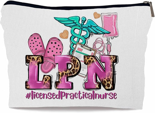 Ayxvt LPN Licensed Practical Nurse Corduroy Cosmetic Bag,Retro Gorgeous Pink Leopard Clipart Decorative Makeup Bag Zipper Pouch Toiletry,Nurse's Day Nurse Graduation Gifts for Women Girls（Corduroy）