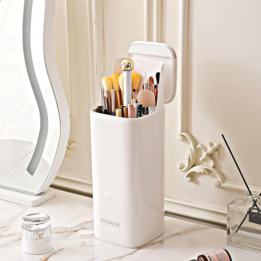 Makeup Brush Holder with Lid Cosmetic Tools Organizer（White