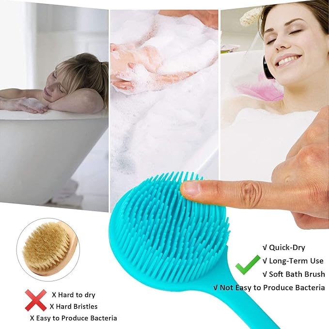 BAOOOFU Silicone Back Brush Long Handle Soft Body Brush for Shower Exfoliating Body Scrubber, Back Scrubber for Elderly Men Women, Hook Provided (Blue)