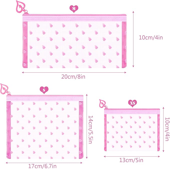 6 Pack Mini Zipper Mesh Makeup Bags, Heart Print Nylon Cosmetic Bags Toiletry Bags for Office Travel Organization (Pink, M)