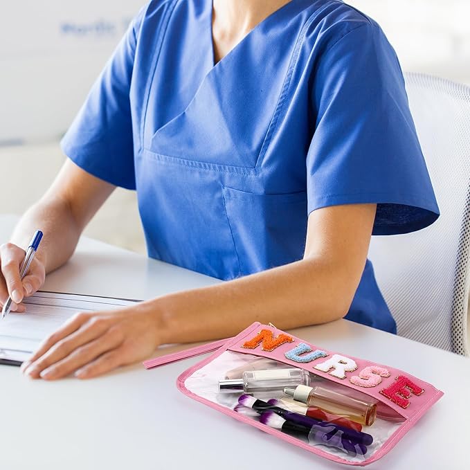 4 Pcs CNA Week Nurses Bags Appreciation Gifts Chenille Letter Makeup Bags with 4 Pins Preppy Clear Nursing Travel Pouch Cosmetic Waterproof Zipper Nurse Accessories