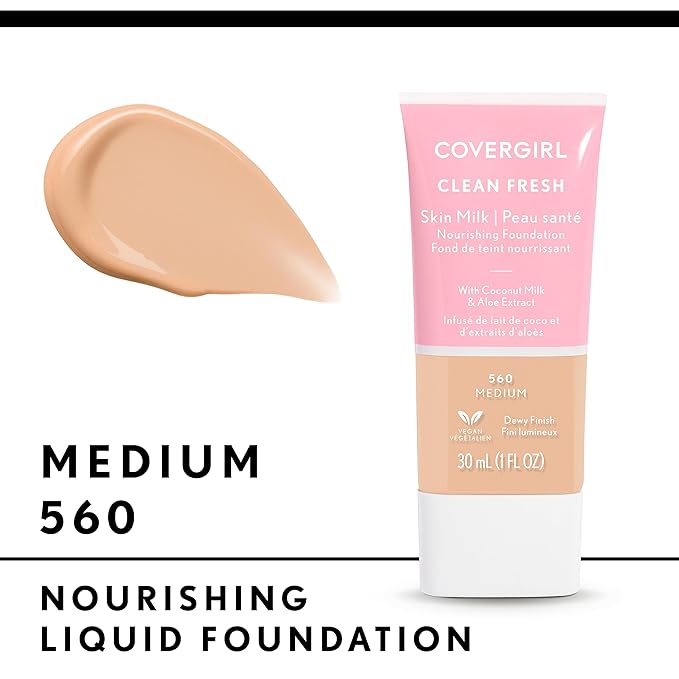 COVERGIRL Clean Fresh Nourishing Skin Tint, 560 Medium, Liquid Foundation, Dewy Finish, Infused with Coconut & Aloe, Vegan Formula
