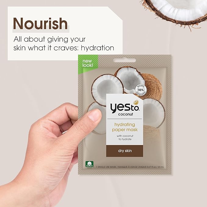 Yes To Coconut Hydrating Paper Mask with Coconut to Hydrate Dry Skin, for Men, Women and Teens, No Paraben, 3 Pack