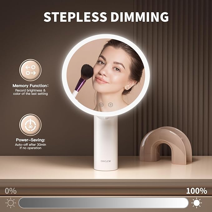 8.9" Lighted Makeup Mirror with 3 Colors, 1X/10X Touch Screen Magnifying Mirror with Light, Rechargeable Table Light up Mirror with Adjustable Stand, Brightness Dimmable Vanity Mirror