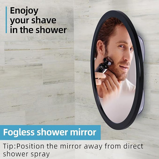 Fogless Shower Mirror for Shaving and Makeup with 3 Removable Powerful Suction Cups, Shatterproof Anti Fog Mirror for Shower and Bathroom, Glassless Safety Kids Mirror (Black)
