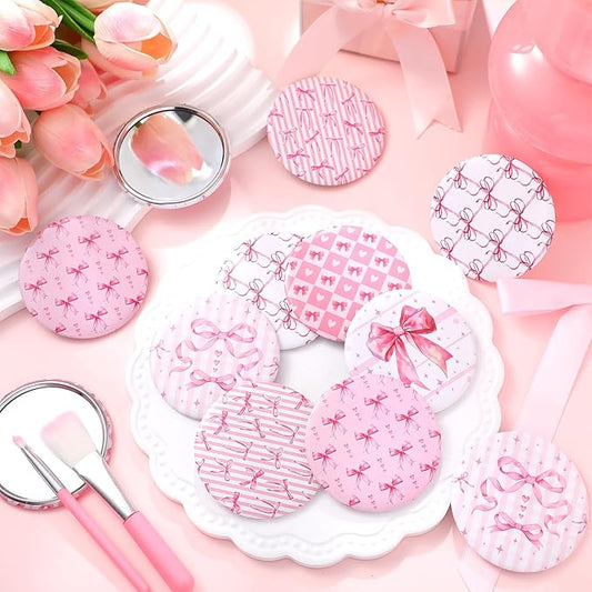 Geelin 12 Pcs Pink Compact Mirror Bulk Coquette Portable Aesthetic Mini Mirror Bulk Pink Bow Party Favors for Purse Pocket Travel Present Women Birthday Gift Wedding Bridal Shower Grad Mom