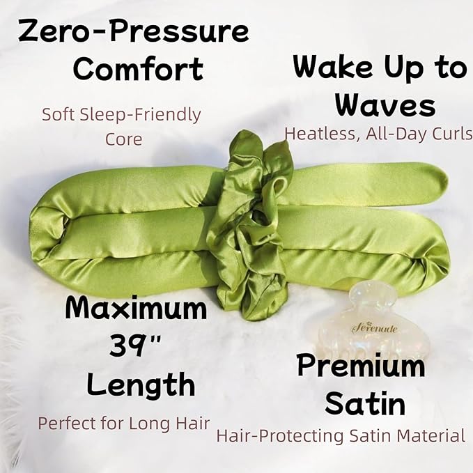 Serenade Satin Heatless Curls Overnight for Long Hair, Heatless Hair curler for Women and Girls, No Heat Curling Rods with Satin Scrunchies and Clip, Green