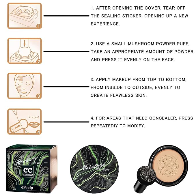 Mushroom Head Air Cushion CC Cream Foundation, BB Cream Concealer Lasting Makeup Foundation, Waterproof Oil Control Long-Lasting Nude Makeup, Even Skin Tone Primer
