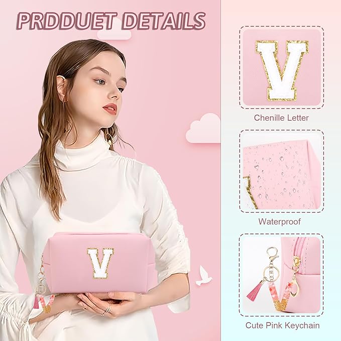 Birthday Gifts for Women Her,Travel Cute Makeup Bag,Large Capacity Cosmetic Bags for Women Makeup Pouch PU Leather Waterproof Cosmetic Bag (V, Pink)