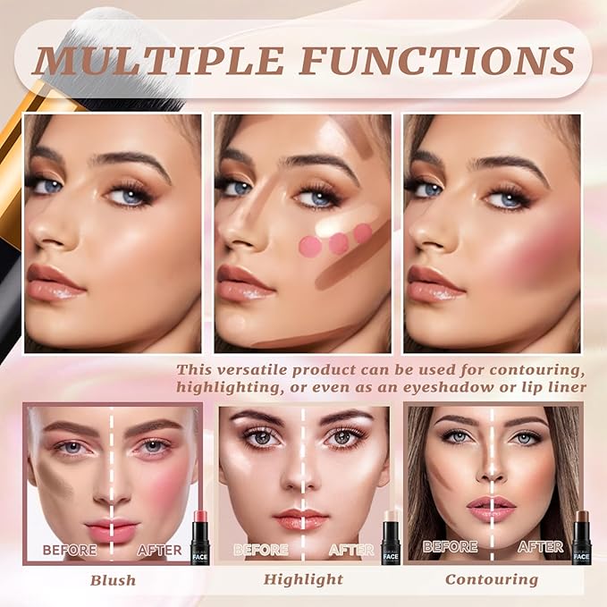 3 Pcs Cream Contour Sticks, Contour Makeup Shades with Highlighter Stick, Blush Stick and Bronzer Stick, Contour Kit with Contour Brush Blendable, Waterproof, Long-lasting