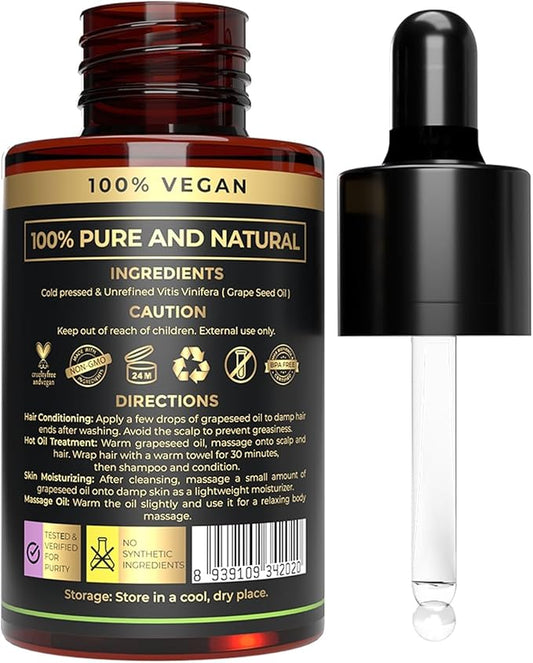 Organic Grapeseed Oil for Skin & Hair Care | Non Greasy, Light & Silky Moisturizer for All Skin Types | Cold Pressed Body Oil, Face Oil, Massage Oil & Hair oil |