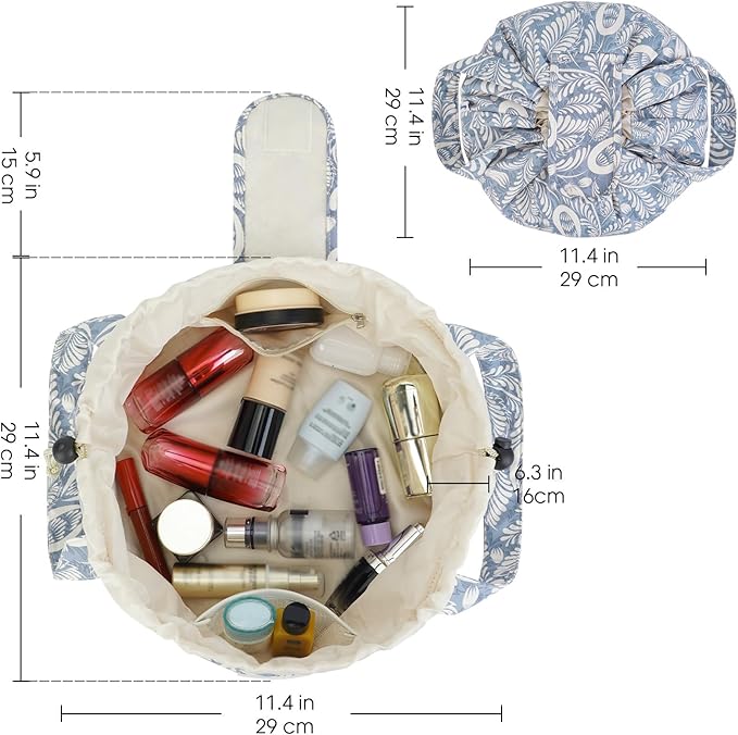 Barrel Drawstring Makeup Bag Large Cosmetic Bag Make up Bags Toiletry Organizer for Women (Blue Leaf) (Patent)