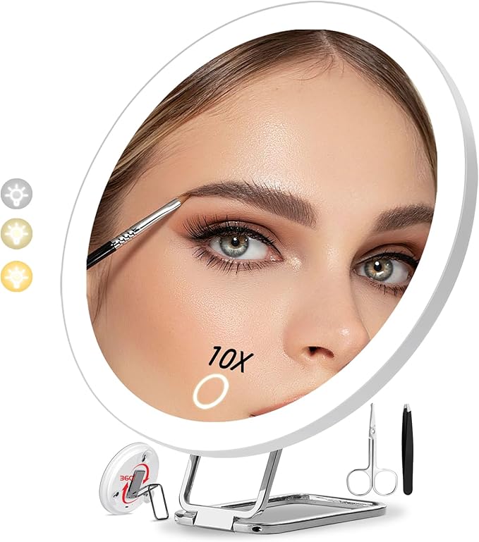 6" 10x Magnifying Mirror with Light Suction Cup,Led Close up Makeup Mirror with 360° Stand,3 Color Lighted Personal Mirror 10x,10 Times Functional Zoom Mirrors for Partial Details
